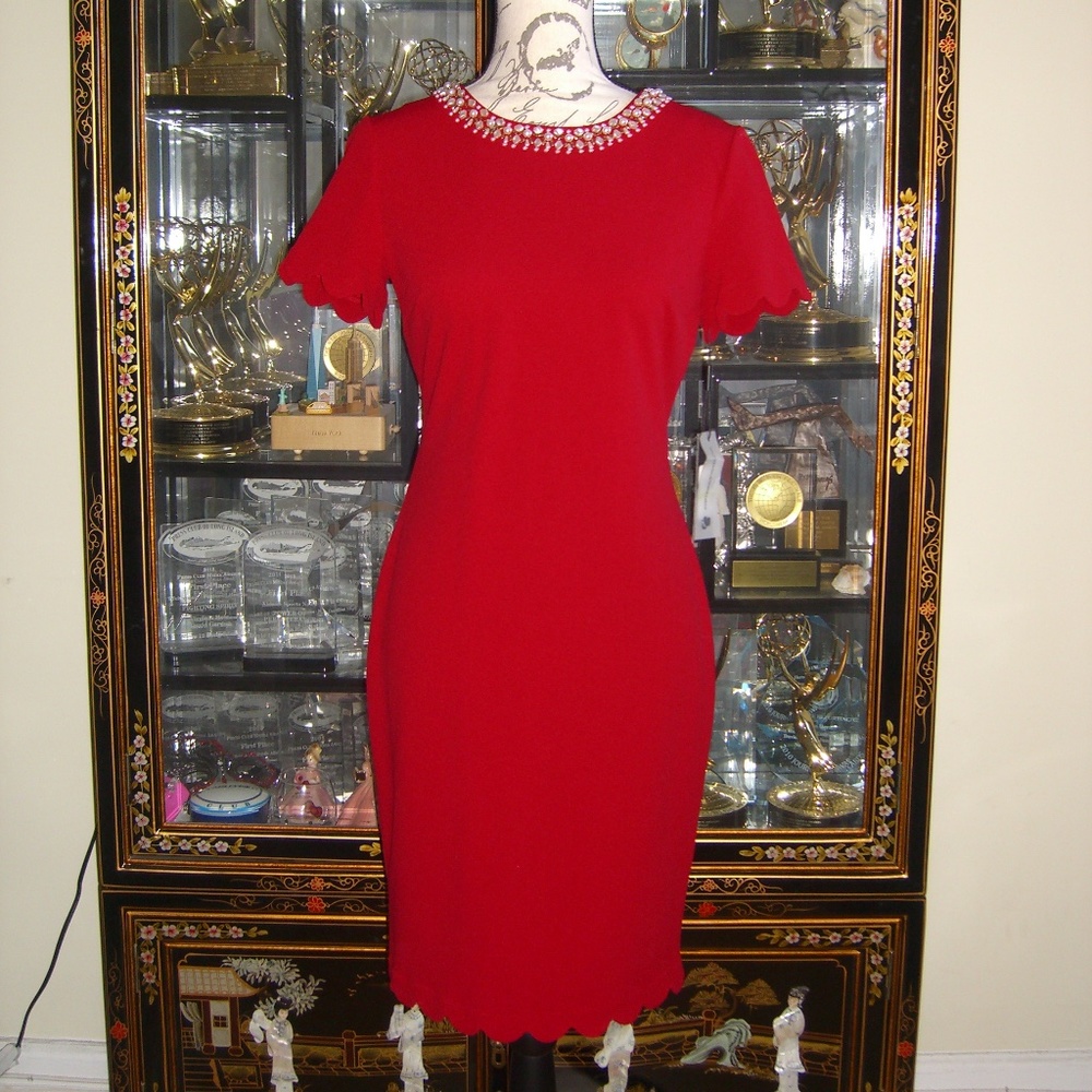 KARL LAGERFELD RED EMBELLLISHED SCALLOPED DRESS 4